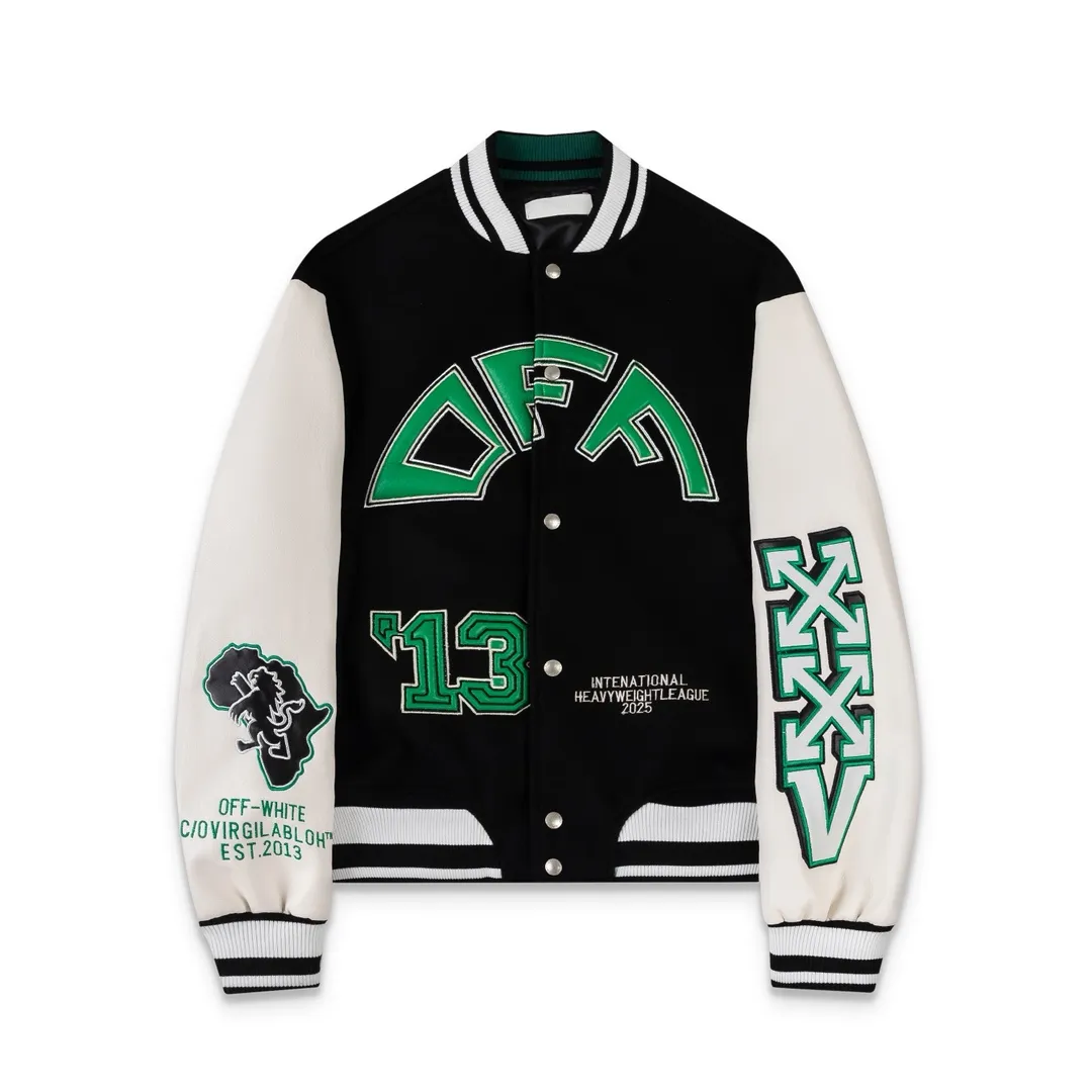 S62#P640, offwhite heavy-duty embroidered baseball jacket. The body is made of woolen fabric. Couple's jacket. Black size: S M L XL